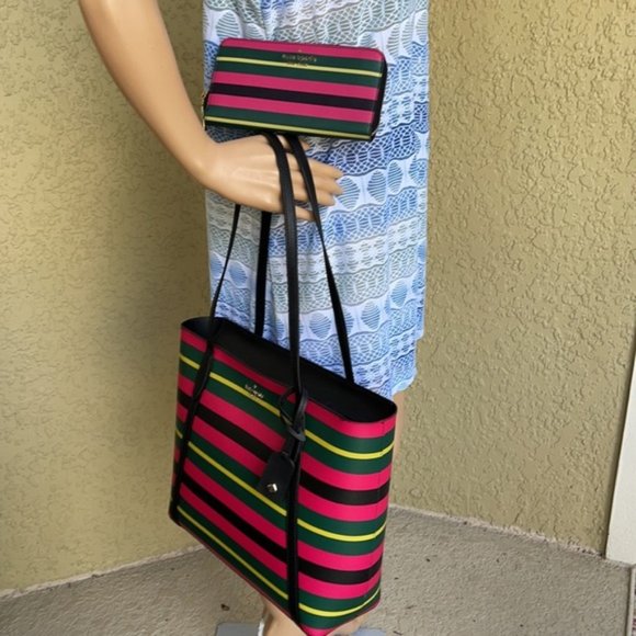 Kate Spade Wrapping Paper Large Tote Multi & Staci Wrapping Paper Stripes Wallet - Picture 16 of 16